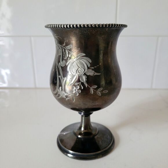 Antique Meriden B Britannia Company 442 Silverplate Floral Etched Goblet Cup Vtg - Picture 9 of 16